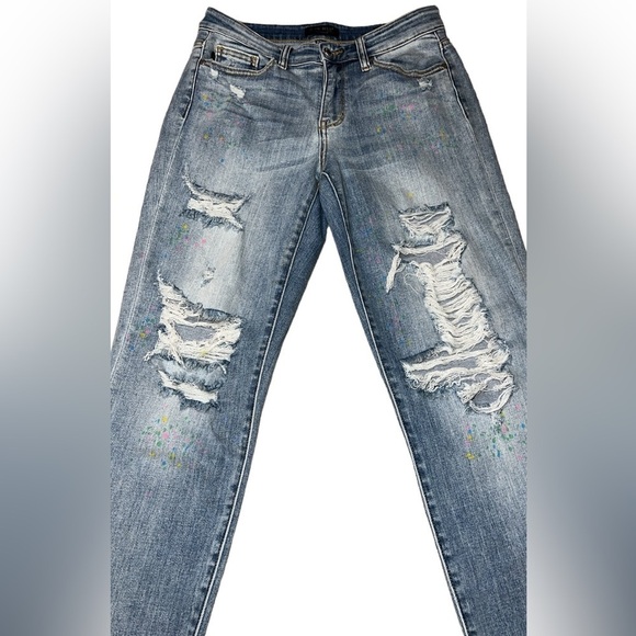{EUC Judy Blue Christine Rainbow Paint Splatter Boyfriend Distressed Jeans 7/28} - Picture 3 of 16